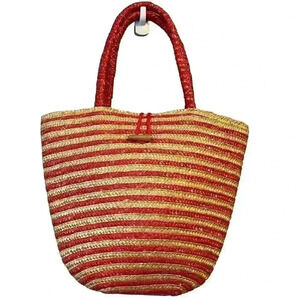 Red & Tan Striped Rattan Basket Bag Purse Tote